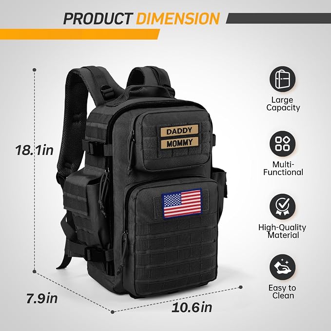 SHARKMOUTH Dad Diaper Bag for Men - Military Baby Backpack with Patches for Hiking Travel Camping Trips - Baby Shower Gifts Black