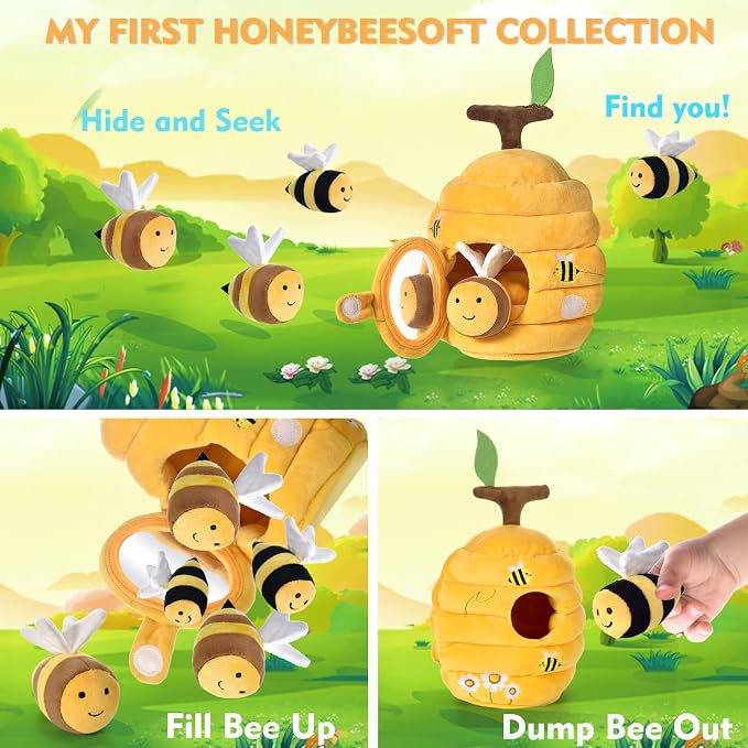 Baby Toys for 1 Year Old, Soft Beehive with 5 Stuffed Bees, Crinkle, Rattle, Mirror, Montessori Toys for One Year Old Birthday Gift for 12-18 Months Baby Easter Basket Stuffers