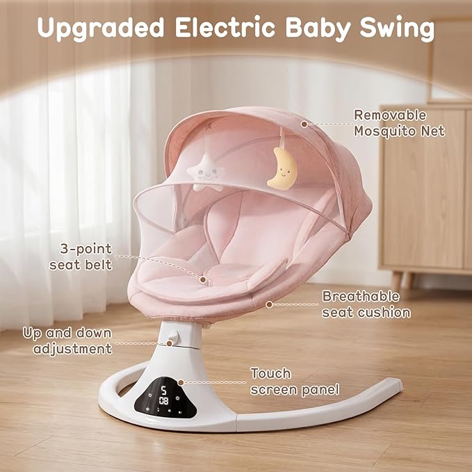 RIVIPLOU Electric Baby Swing with Remote Control - 5 Natural Motion Speeds, Detachable Seat Pad, Bluetooth Technology & Music, Portable Infant Swing for Indoor/Outdoor Use (0-12M, 20lbs, Pink)