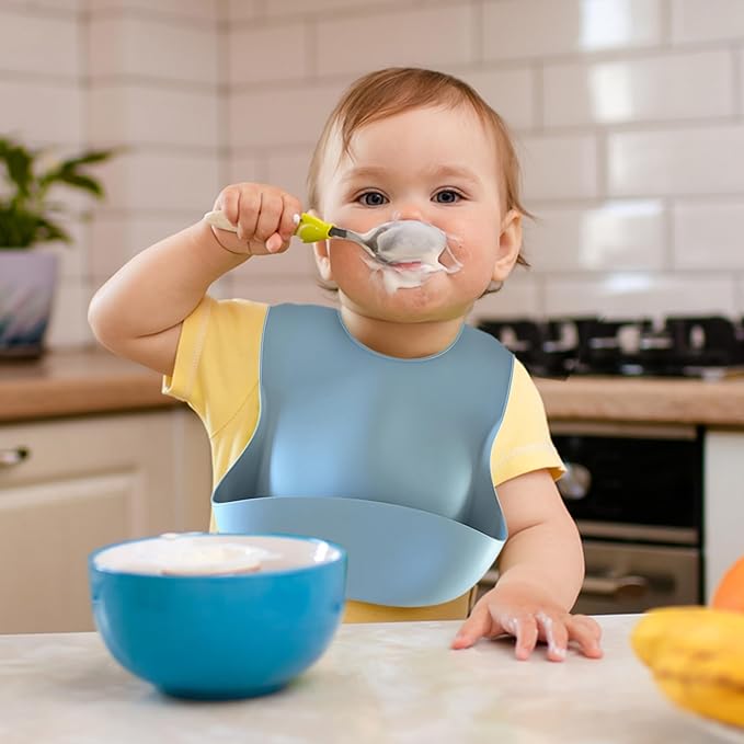 Silicone Baby Feeding Bibs ??Waterproof, BPA-Free, Soft & Adjustable with Crumb Catcher ??Easy to Clean