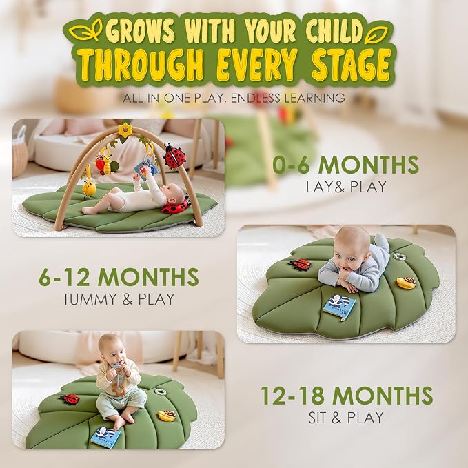 Baby Play Mat,Oversize Leaf Shaped Tummy Time Mat with 7 Detachable Toys-Activity Gym for Visual,Auditory & Motor Development-Washable Baby Activity Mat for 0-18 Month Infants