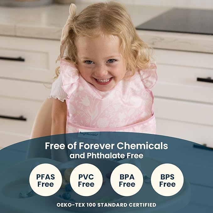 Tiny Twinkle Mess Proof Baby Bib for Girls | Waterproof Toddler Bib for Eating | Baby Apron for Feeding | Machine Washable | Perfect Shower Gift (Toile, 6??4M)