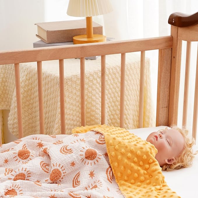 2 Pack Minky Baby Blankets,Super Soft Receiving Blankets with Muslin Cotton Front & Dotted Fleece Backing,39x29.5 Inches,Printed Bed Throws Newborn(Sun)