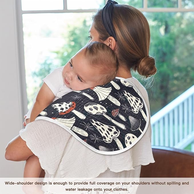 Mushrooms Black Muslin Baby Burp Cloths - Super Absorbent and Soft Burping Rags - Cotton Burp Clothes Set for Boys and Girls, 1 Pack