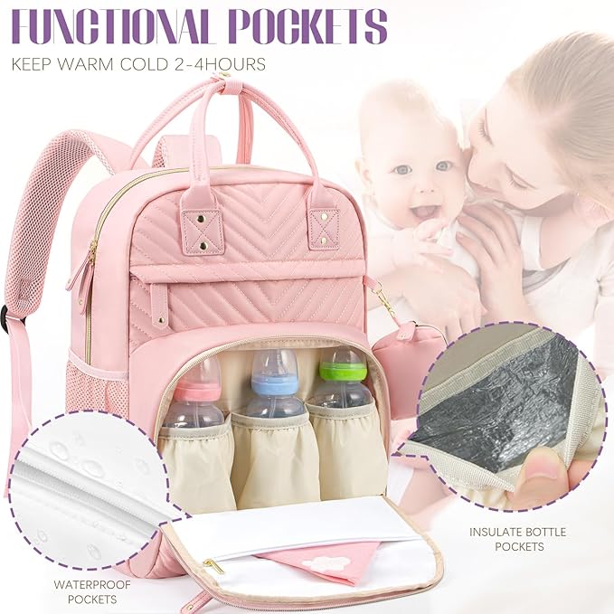 Tuwubi Diaper Bag Backpack with Changing Pad,Baby Essentials, Multi function Waterproof Backpack with Stroller Straps & Pacifier Case Light Pink