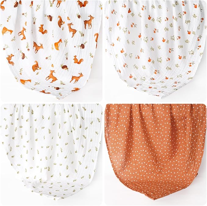 david's kids 4 Pack Baby Muslin Swaddle Blankets, 100% Cotton and Ultra Soft Breathable Receiving Blanket Wrap for Boys Girls, New Born Essentials, Large 47 x 47 inches, Forest Animals