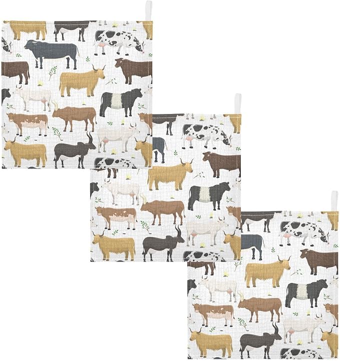 Baby Washcloths Cotton Bulls Cows Cattle Baby Muslin Washcloths Soft Baby Face Towel for Newborn Infants Baby Wipes, 11.8 X 11.8 Inch, 5 Pack White