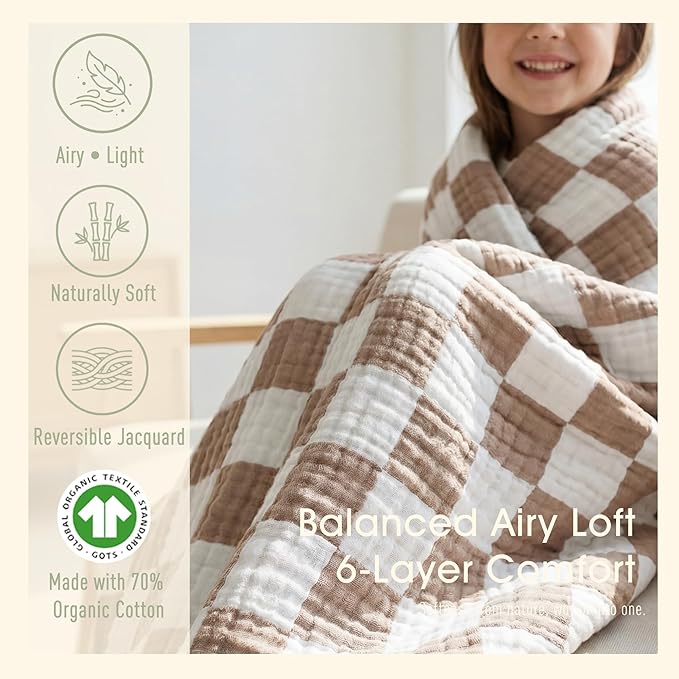6-Layer Muslin Toddler Blanket - Made with Organic Cotton, Large 50x60 Crib Quilt & Bedding for Kids & Moms (Coffee Checkered)
