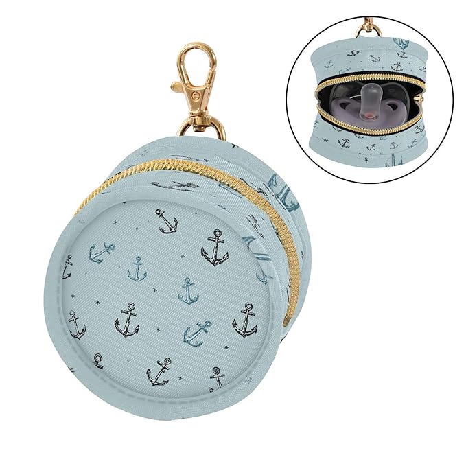 Pacifier Holder with Clip Pacifier Case for Diaper Bag Round Baby Pacifier Pouch Box Bag Portable Blue Nautical Anchors