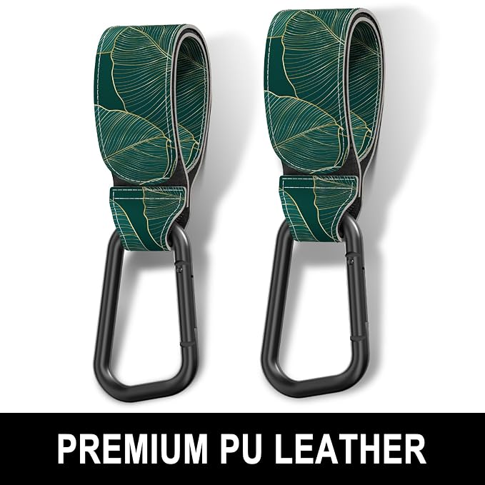 Baby Stroller Hooks for Hanging Bags, Universal Stroller Clips Accessories, Mommy Hook for Diaper Bag, Shopping Cart, Purse, Backpack - 2 Pack, Green Leaf