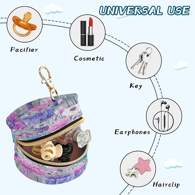 Pacifier Holder with Clip Pacifier Case for Diaper Bag Round Baby Pacifier Pouch Box Bag Portable Grey Pink Corflower Butterfly