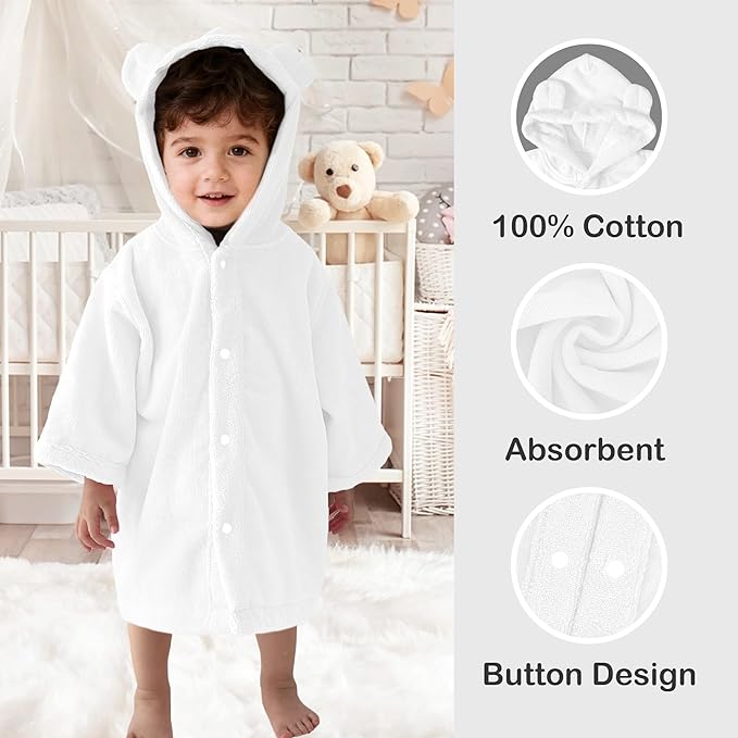 VOOVA & MOVAS Baby Hooded Towel with Bear Ear, 0-24Months | 100% Cotton, Ultra-Soft & Absorbent | Gentle for Sensitive Skin, Bath, Pool & Beach Towel | Newborn (White)