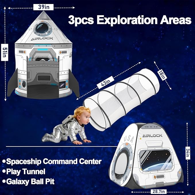3Pcs Kids Rocket Play Tent for Boys: Pop Up Toddlers Spaceship Playhouse with Baby Crawl Tunnel, Ball Pit and Castle Tent - Children Game Tent Toys Indoor and Outdoor for Birthday
