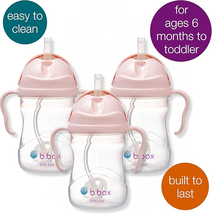 b.box Sippy Cup with Weighted Straw (3-Pack). Leak Proof, Easy Grip. BPA Free & Dishwasher Safe. Ideal for Babies 6m+ to Toddlers (Blush, 8oz)