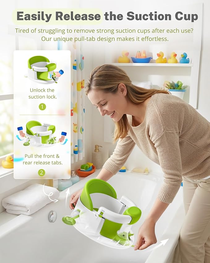 ONTHEWEI Baby Bath Seats for Babies Sitting Up, Non-Slip Baby Bathtub with 3 Suction Cups, Safe & Comfortable Toddler Bath Seat Ideal for Baby Bath/Shower Support, Stable Design, Ice Green