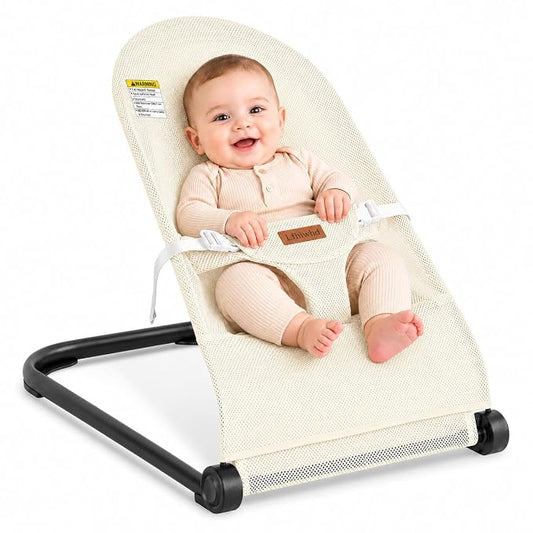 Baby Bouncer,Baby Bouncer Seat,Portable Infant Bouncer with 3-Point Safety Harness,Ergonomic Bouncy seat, Bouncer for Babies 0-6 Months up to 20lbs (Mesh Beige)