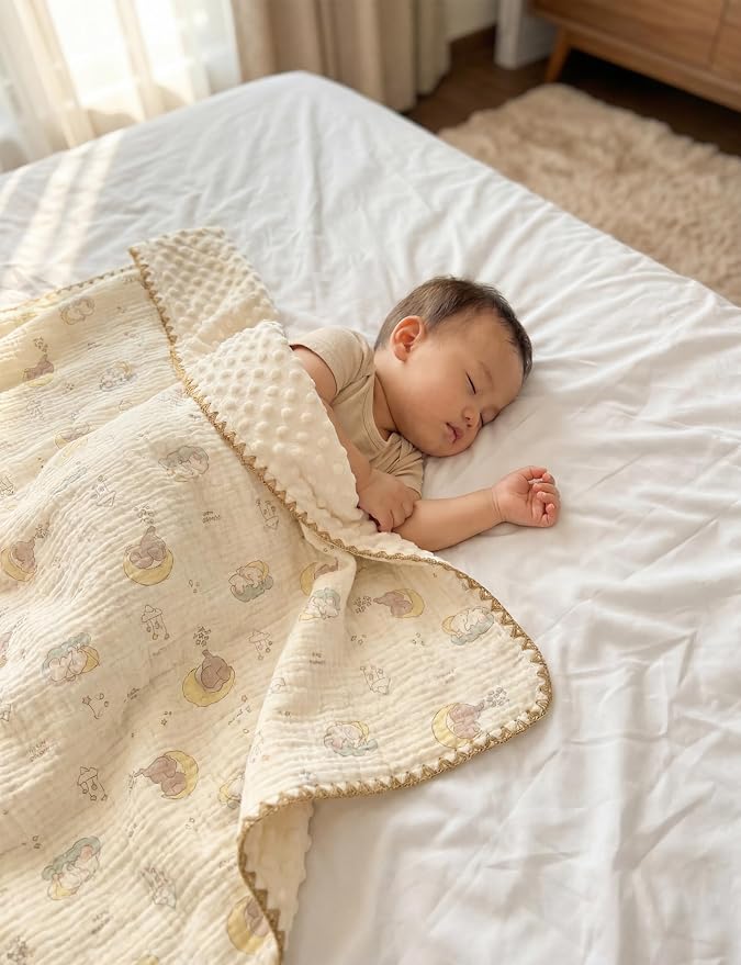 Baby Blanket 40x40 Inches,Muslin Cotton and Minky Dotted Double Layer Soft Receiving Blanket for Newborn Toddler,Lunar Elephant