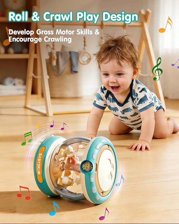 Baby Musical Drum Toy for 6-24 Months, Light-Up Carousel with Spinning Animals & Microphone, 4-in-1 Tummy Time Roll Crawl Toy with Music Stories Numbers Nursery Rhymes, Baby Boy Girl Gift