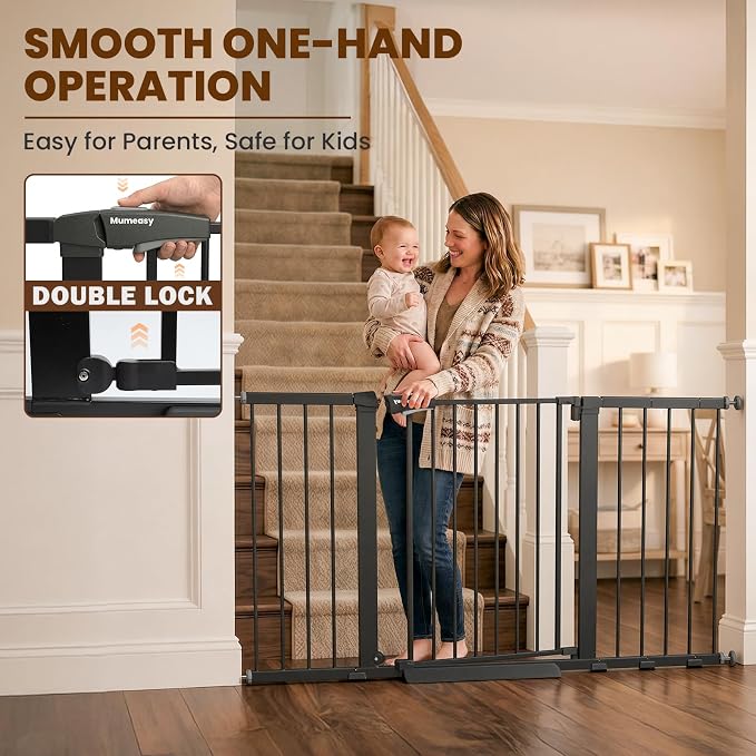 Mumeasy 29.7-57" Extra Wide Baby Gate, Auto Close Large Dog Gate for Doorways, No Drilling Pressure Mounted Pet Safety Gate for Stairs, Easy Walk Through Child Gate for Hallways, House, Indoor, Black