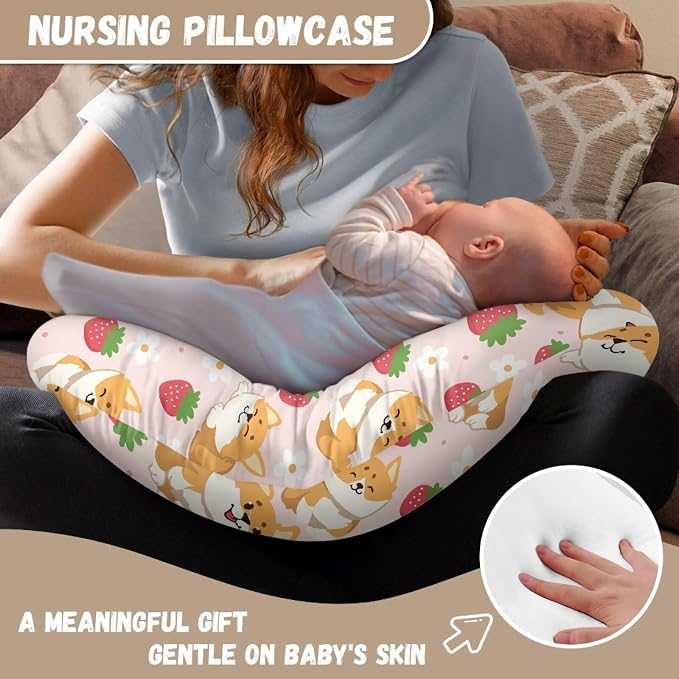 Corgi Strawberry Nursing Pillow Cover for Bottle Feeding, Removable Breathable Nursing Pillow Case for Baby Boy Girl, Durable Custom Gifts