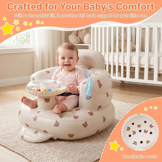 BEBOAN Inflatable Baby Seat with Bell & Clear Tray for 3-36 Months, Portable Upseat Baby Chair with Safety Strap for Sitting Up, Foldable Blow Up Infant Seat, Built-in Air Pump, Beige Bear