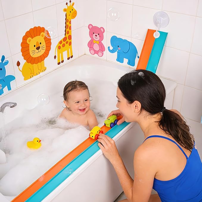 5 Ft Race Car Bath Toy Set, Toddler Bath Toys, Race car Set for Kids Ages 3+, Bathtub Time Birthday Gift for Boys & Girls, Including Mesh Storage Bag and 3 Suction Cup (Orange)