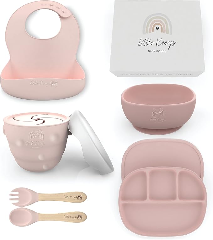Baby Feeding Set - Baby Must Haves Gift Set - Baby Led Weaning Supplies - Toddler Silicone Dishes - Suction Baby Bowl, Bib, Snack Cup, Utensils, Baby Plate Set of 8 (Pink)