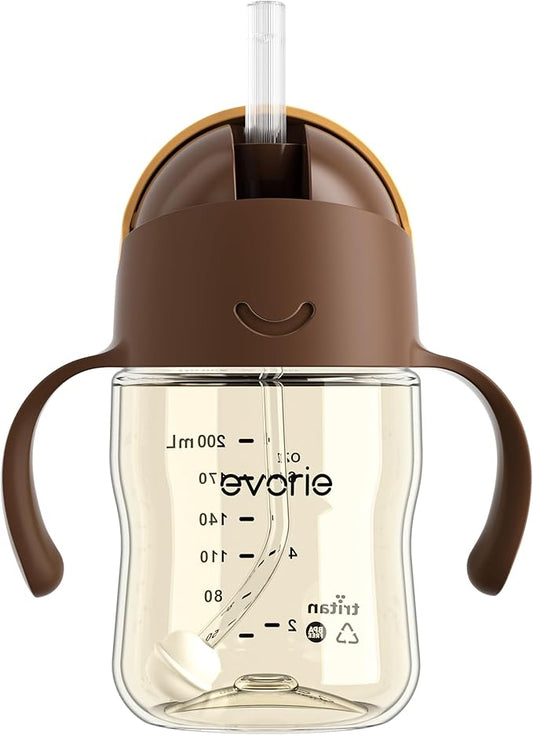 Evorie Tritan Weighted Straw Sippy Cup with Handles for Baby and Toddlers, Spill Proof Baby Water Bottle with Straw for 6 Months and up, 7 Oz, Infant Training Water Bottle (Brown)