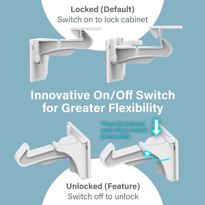 12 Pack Invisible Baby Proofing Cabinet Locks, Drawer Locks, Child Safety Cabinet Latches, On/Off Switch, Strong Adhesive Easy Installation, No Drilling or Tool Needed, White