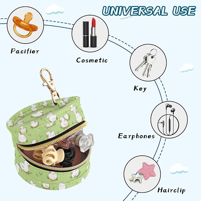 Cartoon Duck Green Print Pacifier Holder Case for Diaper Bag Portable Travel Pacifier Storage Case with Clip Newborn Baby Pouch for Baby Boys Girls Outdoor Purse