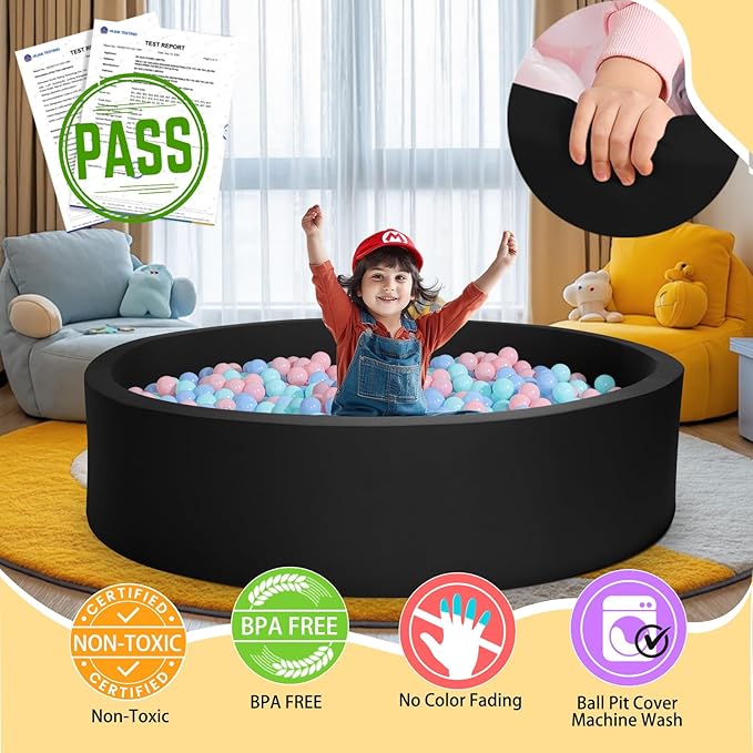 TRENDBOX Extra Large Soft Foam Ball Pit 51.2" x 11.8" (NO Balls) in Large Sponge Round Ball Pool Indoor Round Ball Pits Children Toddler Playpen - Black
