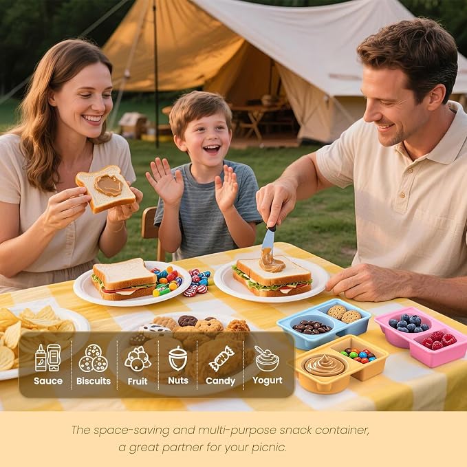 Reusable Snack Containers with Lids Silicone, 3 Pack Double/2 Compartment Small Snackle Box Container for Salad Sauce, Condiment Containers with Lids for Portion Control, Travel, Picnic
