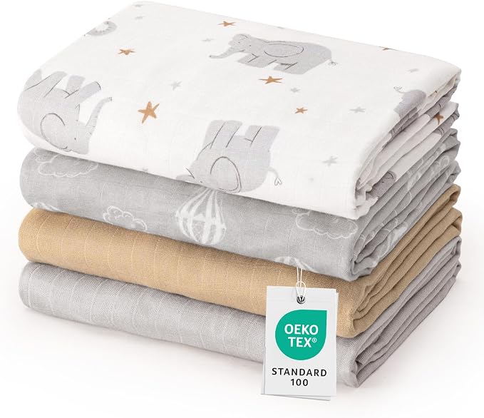 david's kids Muslin Swaddle Blankets, 4 Pack Organic Cotton Baby Blankets, Breathable Soft Receiving Blanket for Boys Girls, Newborn Essentials, Large 47 x 47 inches, Elephant