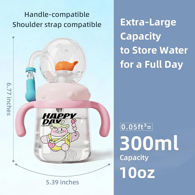 Comobebe Whale Fountain Cup for Kids Toddlers: 10oz/300ml Spill Proof Toddler Sippy,Straw Cup with Handle & Strap, BPA-Free forsippy cups for toddlers 1-3,Kids Water Bottle (Yellow)