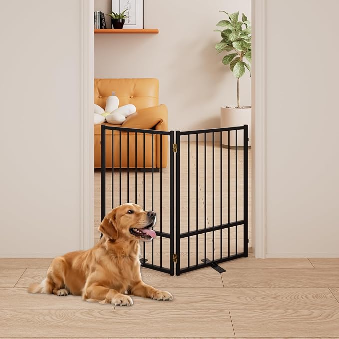 2 Panels Full Metal Freestanding Dog Gates, 40” W x 32” H Folding Pet Gate Fence with Support Feet for Indoor,Stairs, Hallways and Doorways(Black)