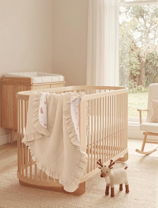 lulumoon Muslin Baby Blanket for Girls: Breathable Soft Cotton with Ruffle Edge - Lightweight Crib Blanket for Stroller & Photography Backdrop 40"x36"(Bunny)