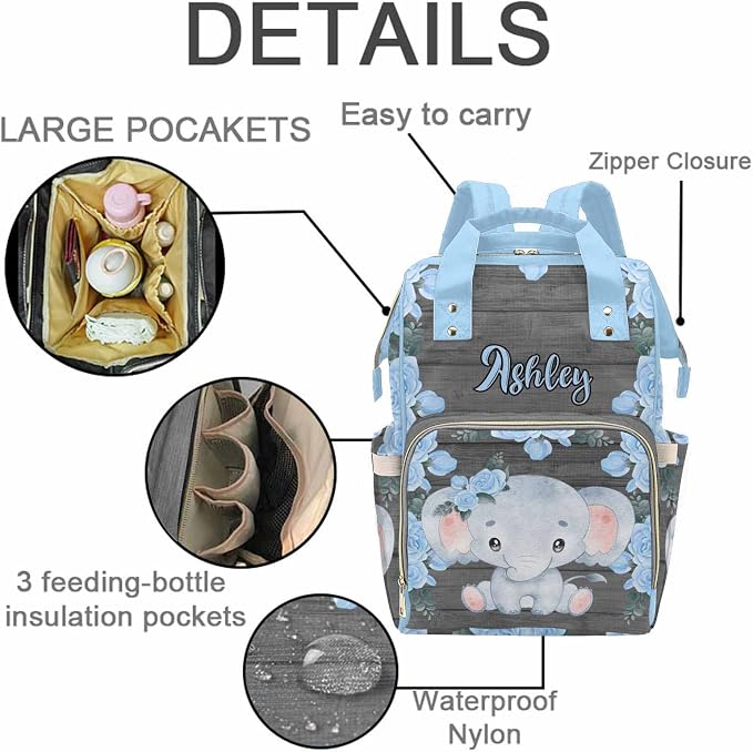 M YESCUSTOM Diaper Bags with Name Personalized Blue Flower Baby Bag Backpack for Men Women Custom Newborn Nappy Mommy Bag