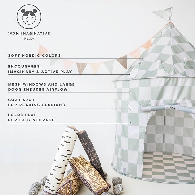 3 Sprouts Kids Play Tent - Sustainable Recycled Fabric ??Fun Spacious Childs Playhouse for Indoor Games for Boys & Girls - Durable Fort Pop Up House for Toddlers & Children Age 3-10 - Checkered Green