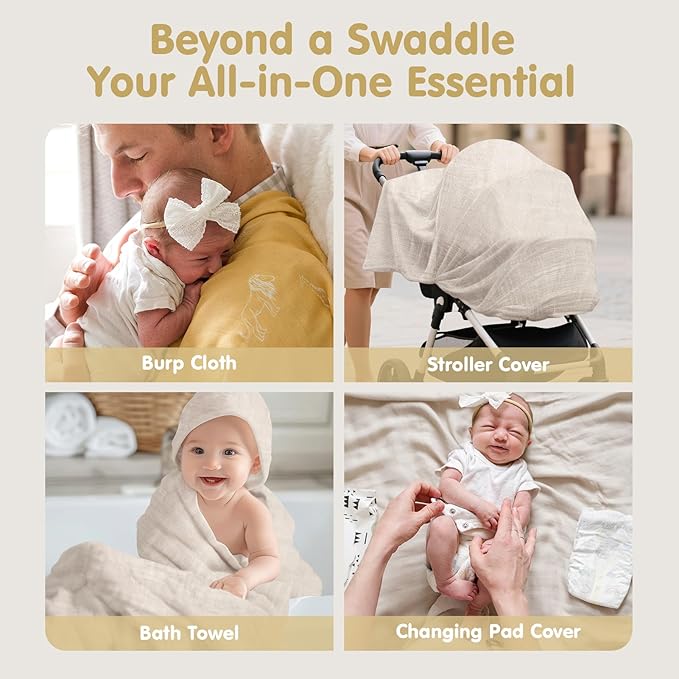 hahaland Muslin Swaddle Blankets Bamboo - 3-Pack, 1 Large (47" x 47") & 2 Standard (38" x 40") Breathable Silky Soft Receiving Blankets Swaddles for Newborns Newborn Essentials, Gold