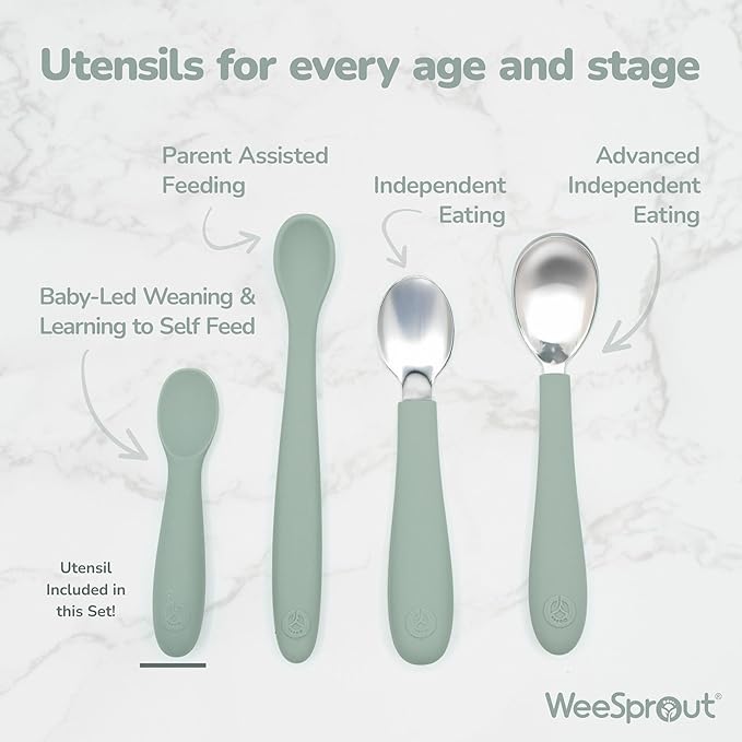 WeeSprout Baby Spoons for Self Feeding 6 Months +, Soft & Durable Silicone Utensils for Sensitive Gums & Teeth, Easy Grip Handles & Shorter Length for Little Hands, 3 Pack + Carrying Case