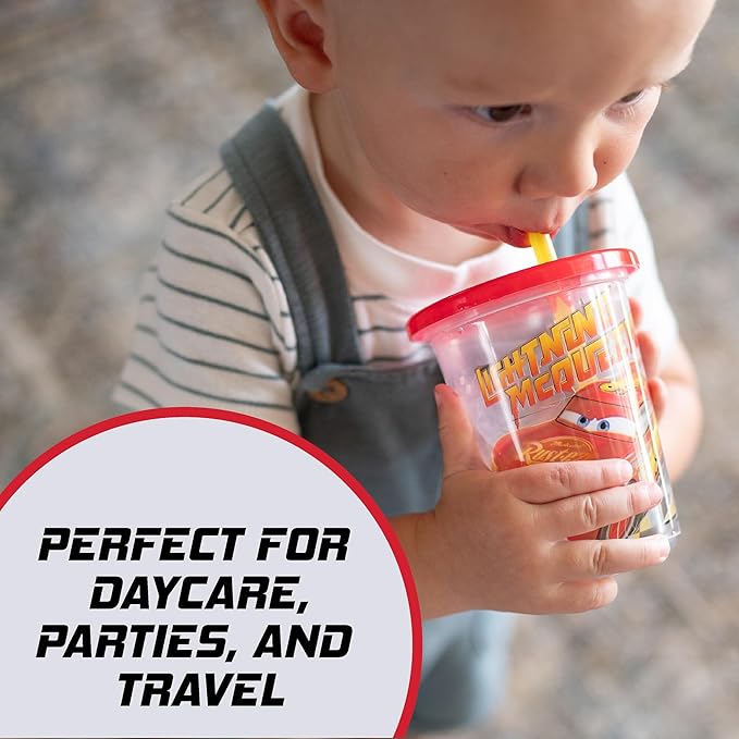 The First Years Cars Take & Toss Toddler Straw Cups Party Pack - Spill Proof Toddler Sippy Cups with Snap-On Lids and Straws - Cars Party Supplies - 10 Oz - 10 Count
