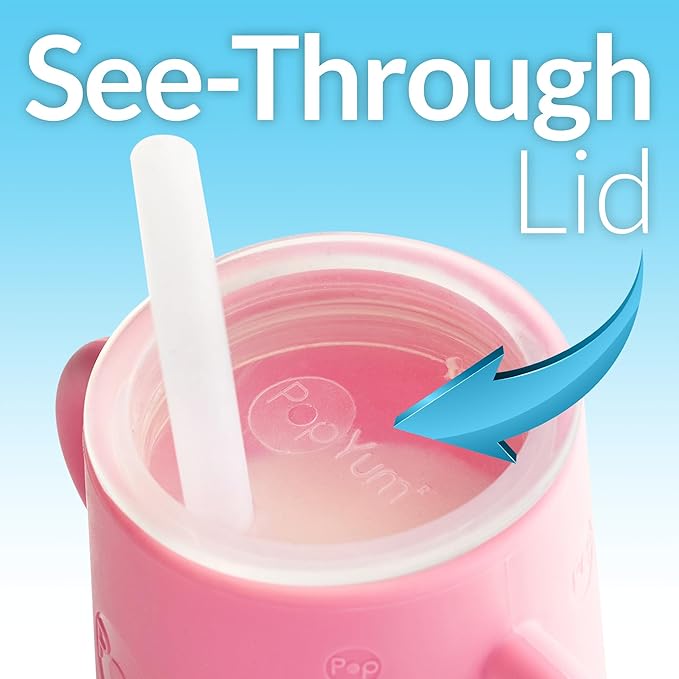 PopYum Silicone Training Cup with Straw + Lid, 2-Pack for Baby, Infant and Toddler, Tumbler, Sippy, handles, 5 ounce (green, pink)