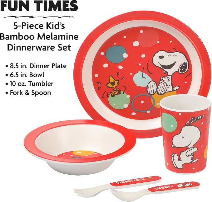 Peanuts Snoopy Fun Times 5-Piece Bamboo Melamine Dinnerware Set For Kids - Red