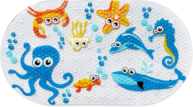 PTAPIPI Sea Animal Kids Bath Mat - 27x15 Inch Oval PVC Mat with Suction Cups, Machine Washable, Colorful Design for Children (Cute Cartoon Octopus)