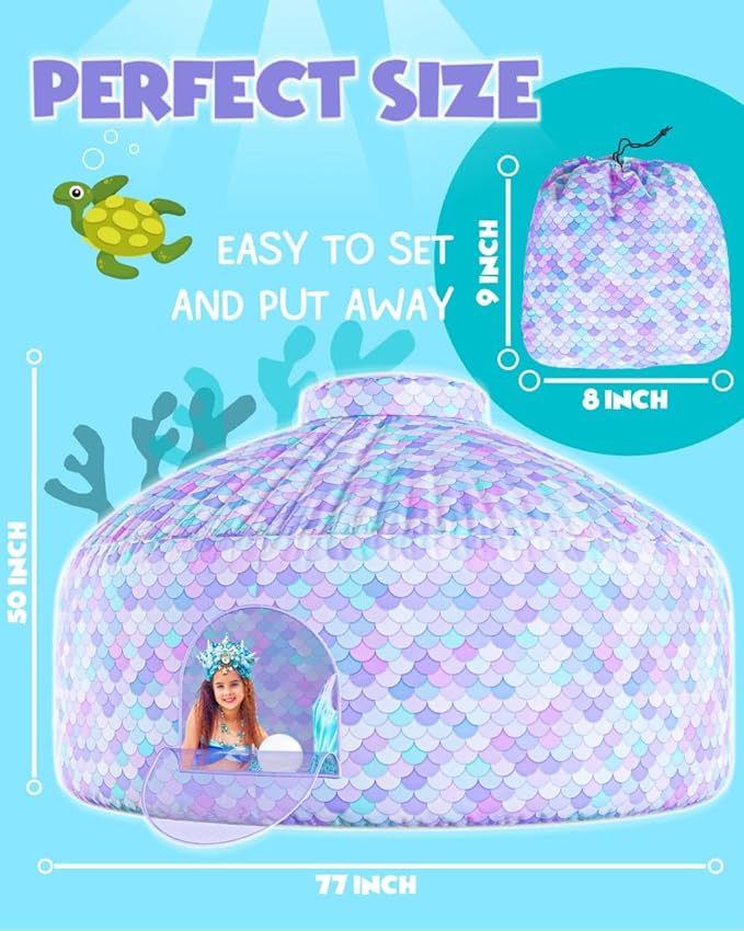 Skywin Mermaid Magic Fort Air Tent for Kids with Door (77??x 50?? Builds in 30 Seconds, Toddler Tents Indoor for Imaginative Play, Kids Forts Indoor Playhouse, Christmas/Birthday Gift (Fan Not Incl)