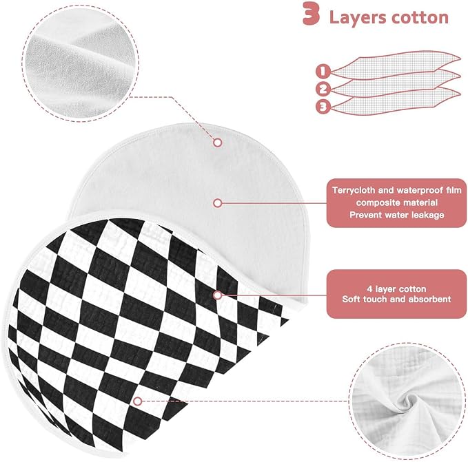 Muslin Baby Burp Cloths Set of 1, Soft Black White Checkered Absorbent Muslin Washcloths, Bibs, Face Towel for Newborn Boys Girls, 22 x 11 Inch