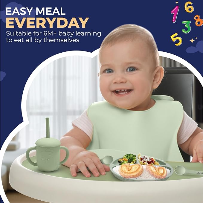 SilliSupply Silicone Baby Feeding Set with Utensil Holders & Catch Compartment - Innovative Weaning Kit with Bib, Spoon, and Suction Mat