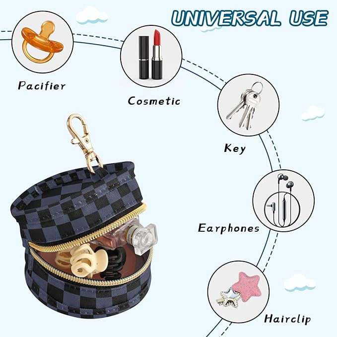 Navy Blue Checkerboard Plaid Pacifier Holder Case Newborn Pacifier Storage Pouch for Boys Girls Easy Attach to Diaper Bag Portable Baby Essentials Container