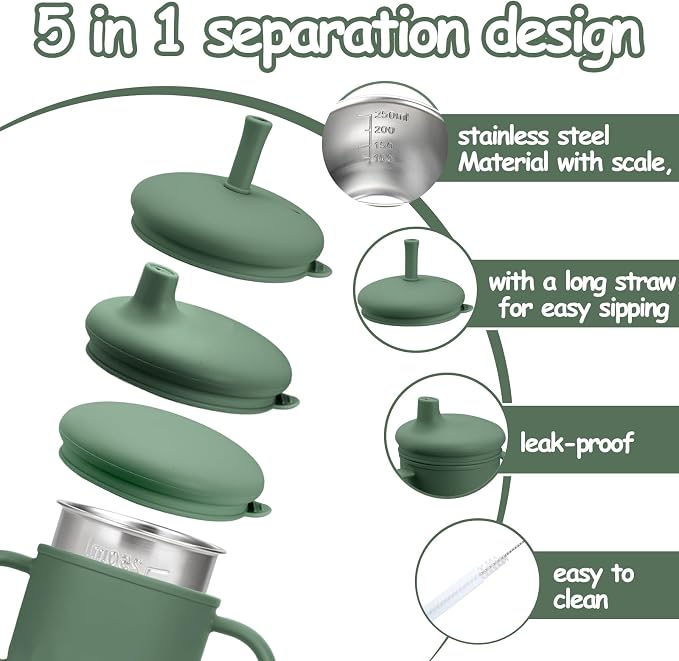 Mity rain Stainless Steel Sippy Cups for Toddlers1-3, Baby Straw Cups for 6+Month Old with Travel Lid, Silicone StrawReplacement Straw & Cleaning Brush-8oz Toddler Cups Spill Proof