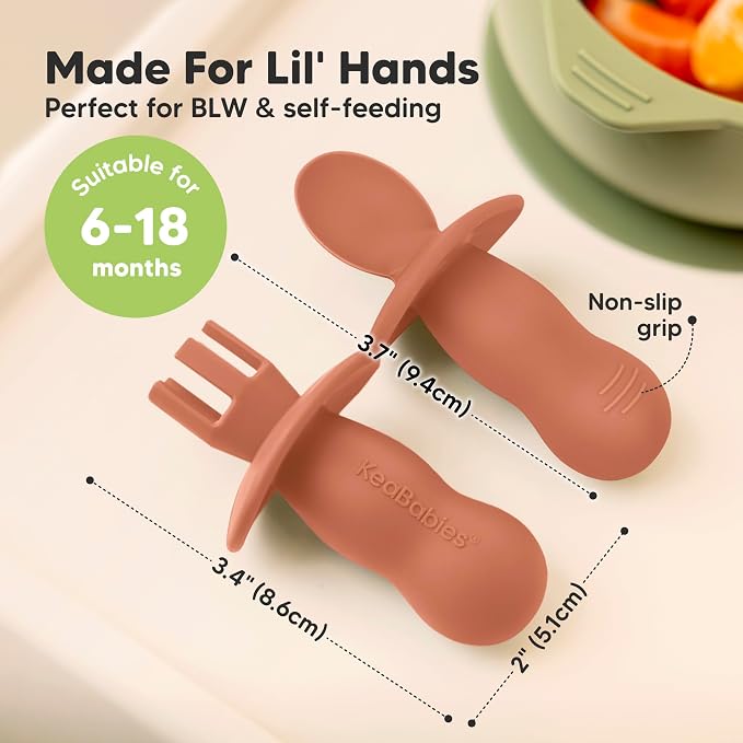 Keababies 4-Pack Silicone Baby Spoons and Forks Set - Baby Spoon Self Feeding, BLW Baby Utensils 6-12 Months, Baby Led Weaning Feeding Spoon,Teething Infant Baby First Food Training Pre Spoon